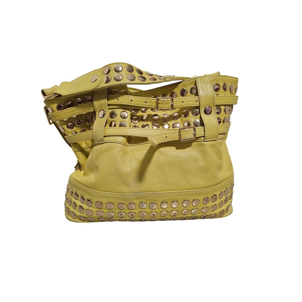 Rebecca Minkoff Devote Tote Leather Hobo Bag Yellow Studded Moto Edgy Y2K Boho ~
